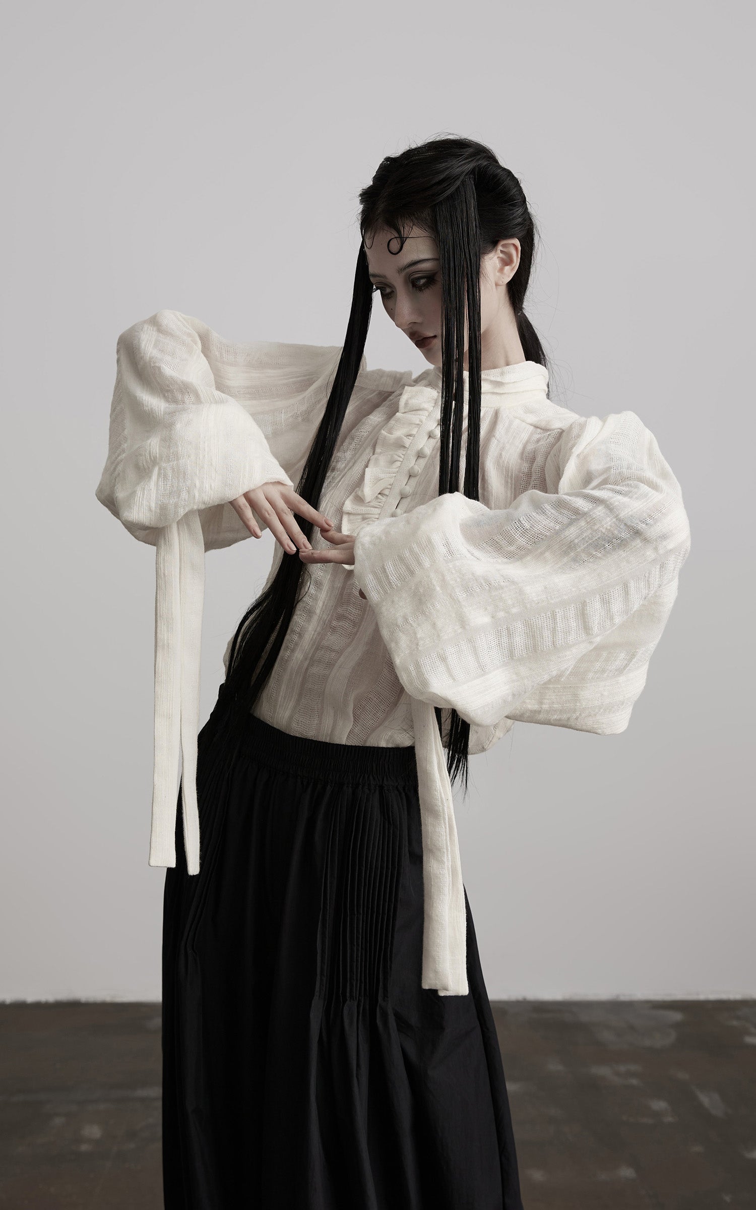 DOINDULGE Textured Button Shirt with Ruffled Front and Long Sashes