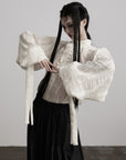 DOINDULGE Textured Button Shirt with Ruffled Front and Long Sashes