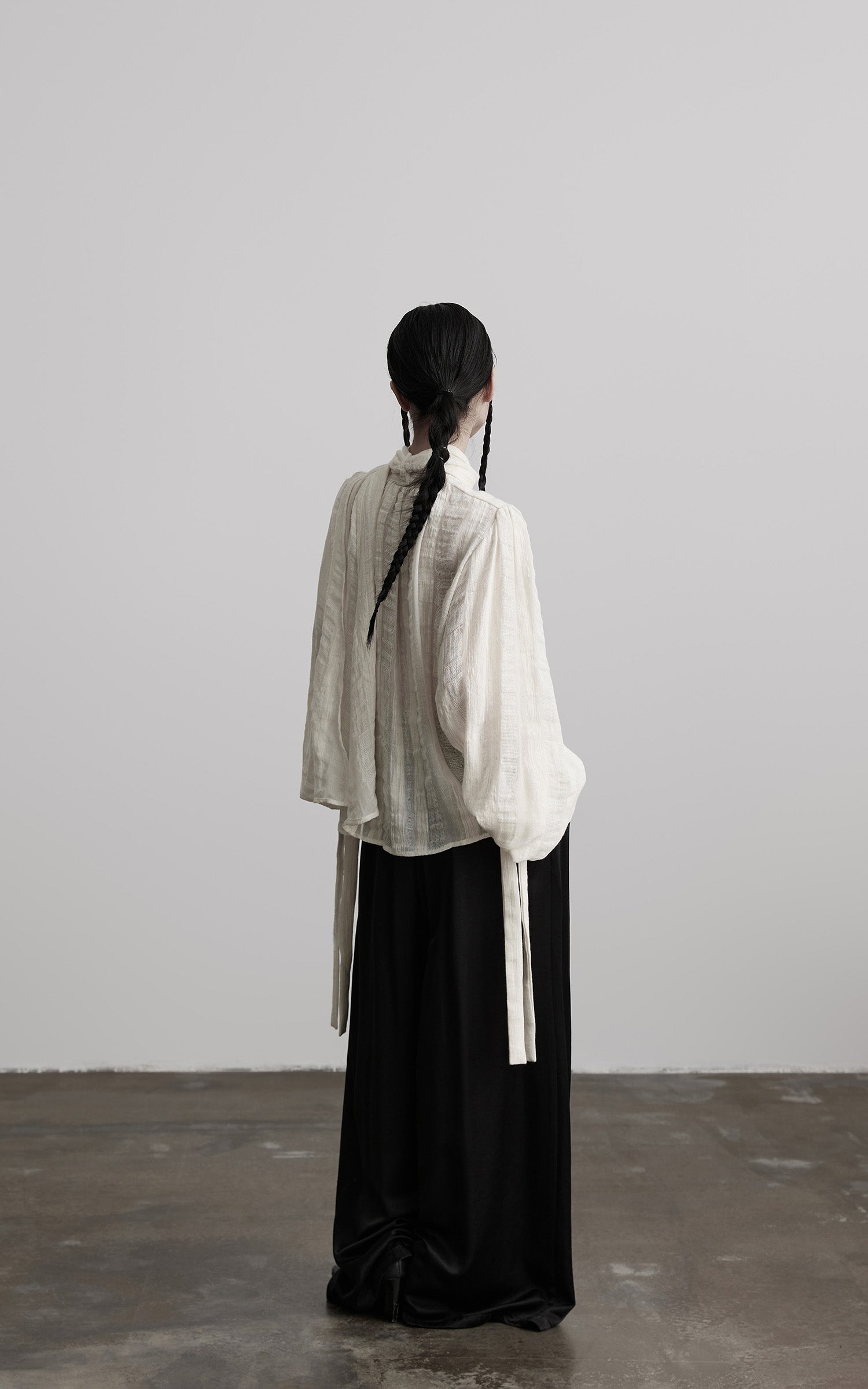 DOINDULGE Textured Button Shirt with Ruffled Front and Long Sashes