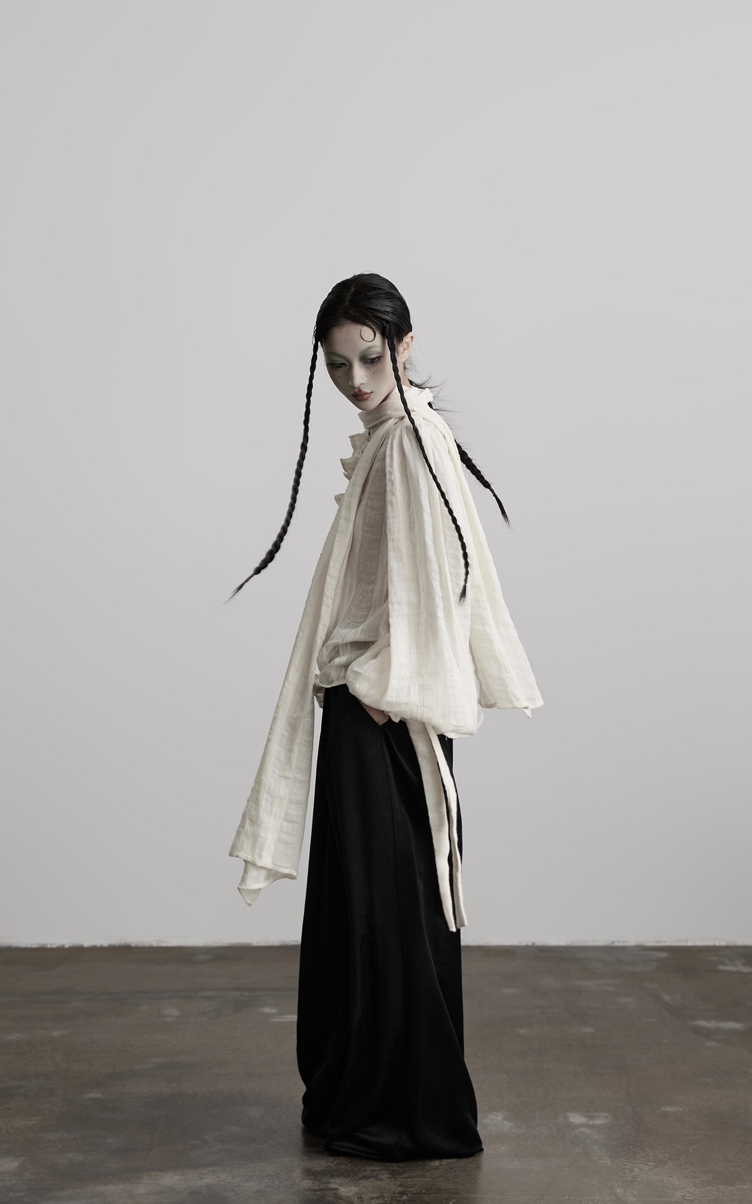 DOINDULGE Textured Button Shirt with Ruffled Front and Long Sashes
