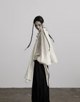 DOINDULGE Textured Button Shirt with Ruffled Front and Long Sashes