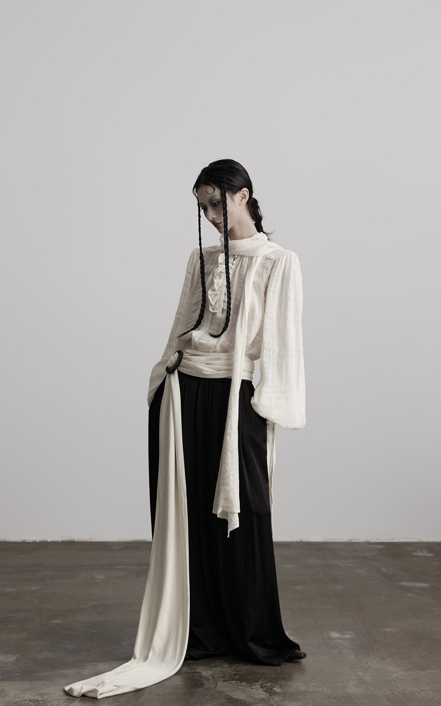 DOINDULGE Textured Button Shirt with Ruffled Front and Long Sashes