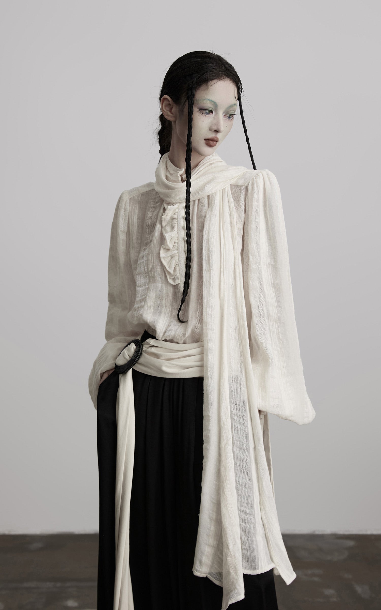 DOINDULGE Textured Button Shirt with Ruffled Front and Long Sashes