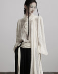 DOINDULGE Textured Button Shirt with Ruffled Front and Long Sashes