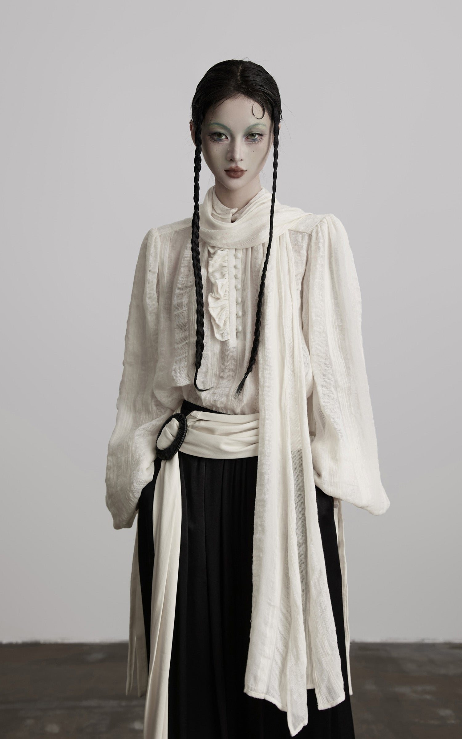 DOINDULGE Textured Button Shirt with Ruffled Front and Long Sashes