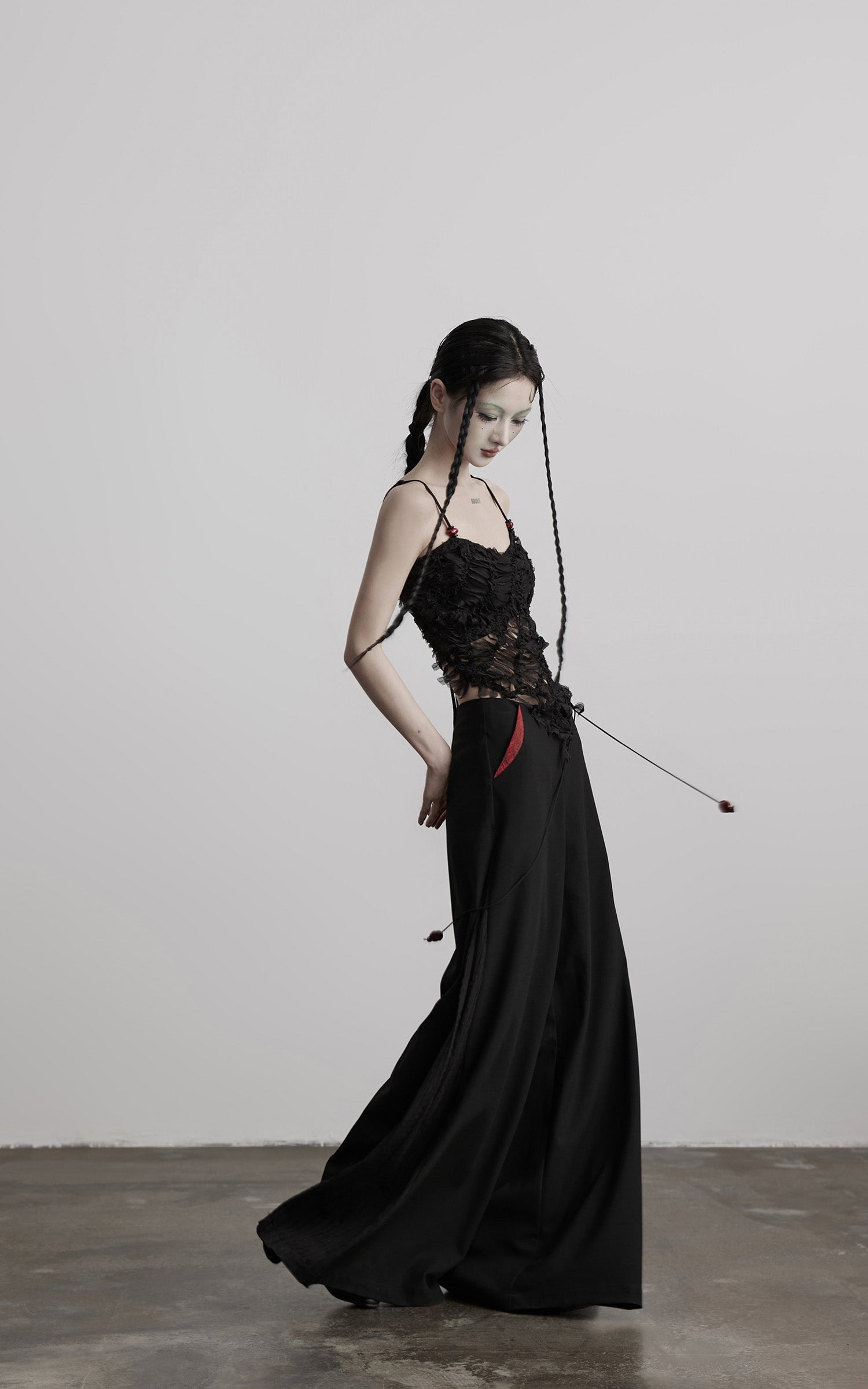 DOINDULGE Deconstructed Mesh Top with Beads and Raw Edge Detailing