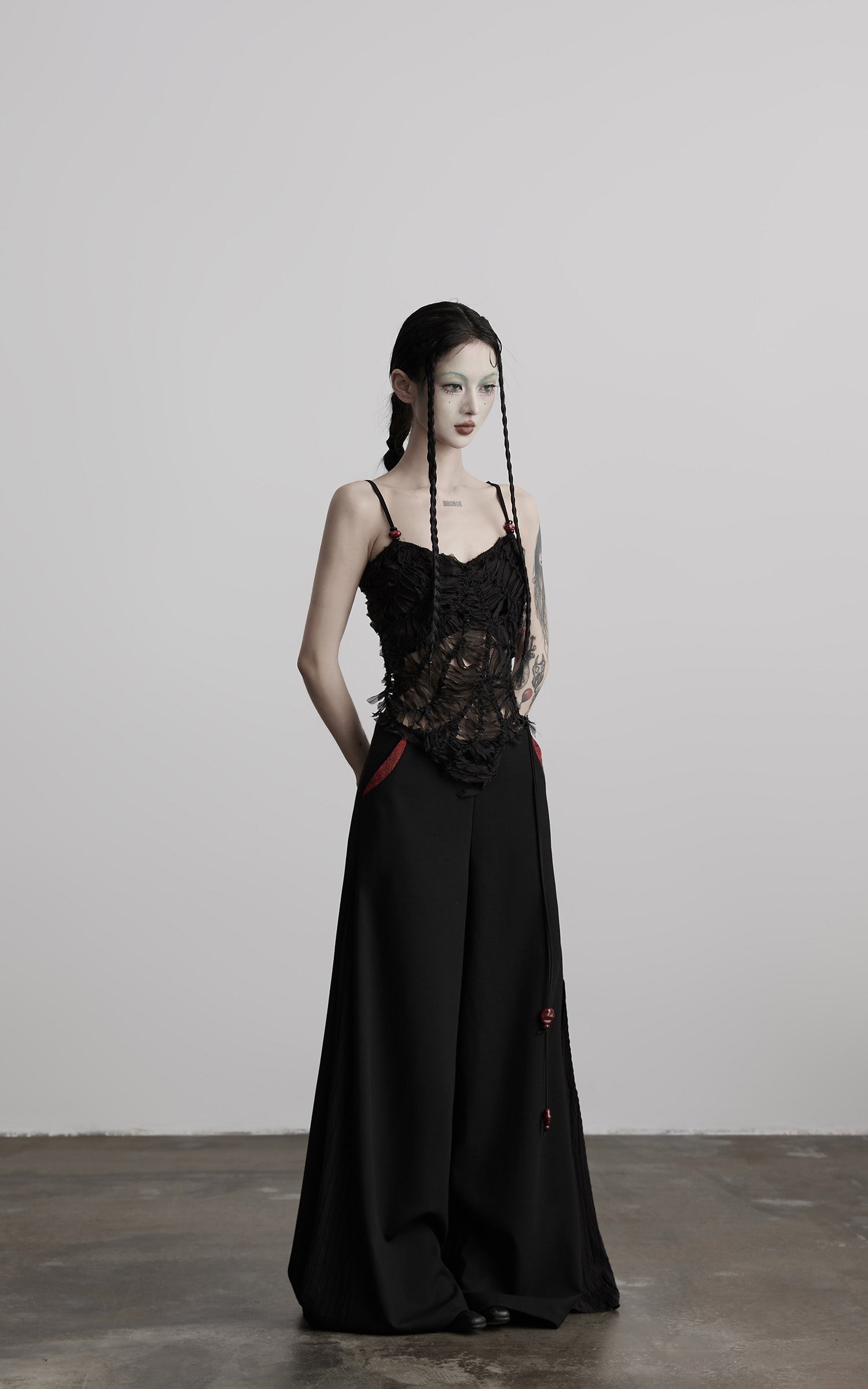 DOINDULGE Deconstructed Mesh Top with Beads and Raw Edge Detailing