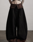 DOINDULGE Wide-Legged High-Waisted Pants with Leaf-Pattern Detail