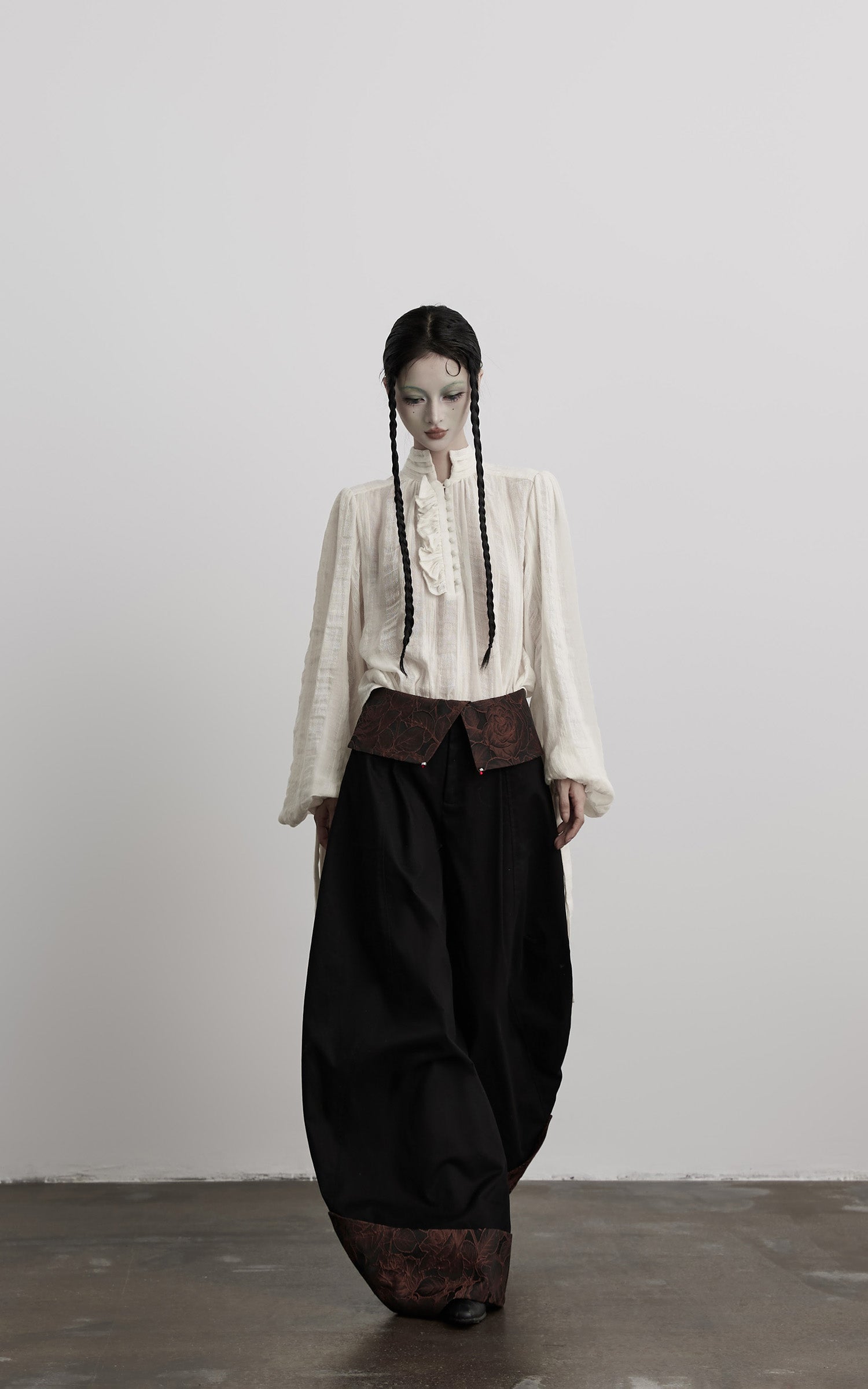 DOINDULGE Textured Button Shirt with Ruffled Front and Long Sashes