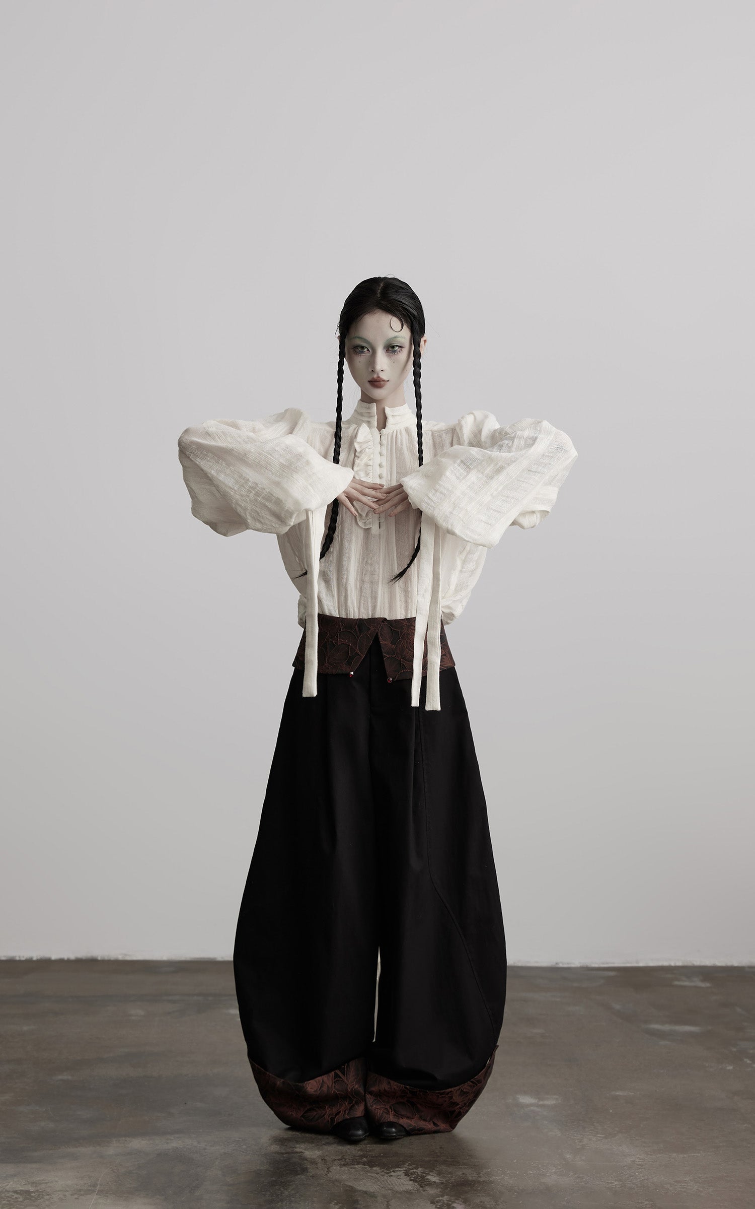DOINDULGE Textured Button Shirt with Ruffled Front and Long Sashes