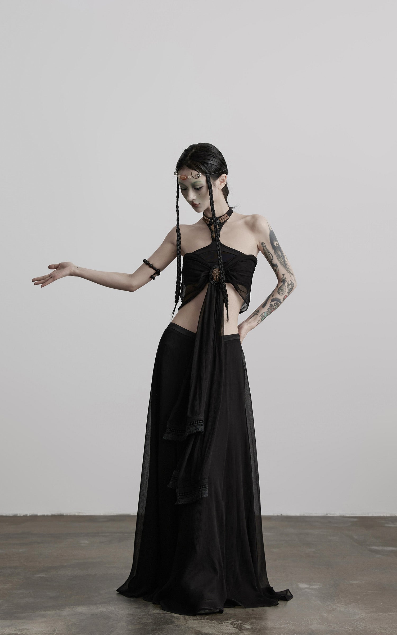 DOINDULGE Draped Maxi Skirt with Medallion