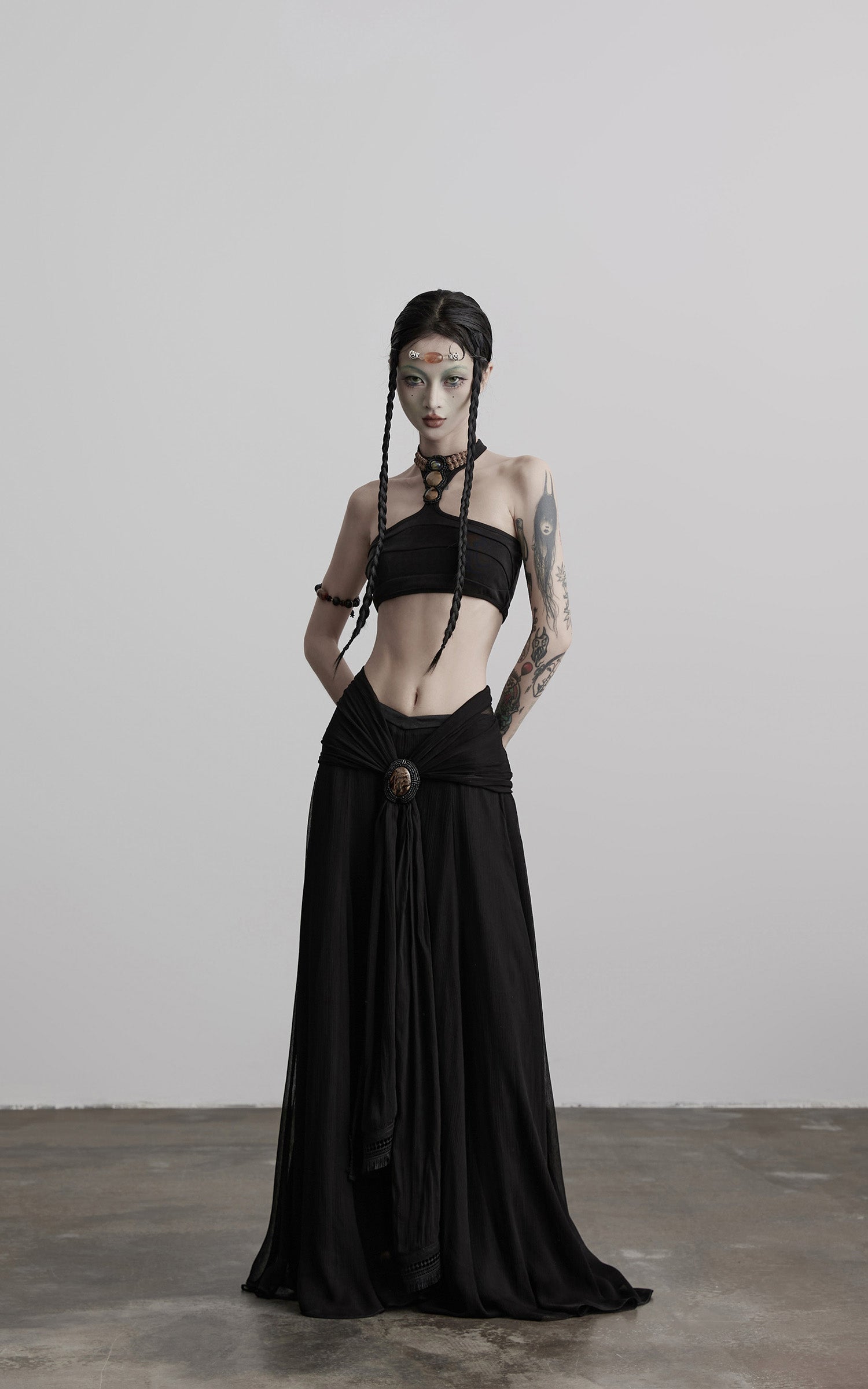 DOINDULGE Draped Maxi Skirt with Medallion