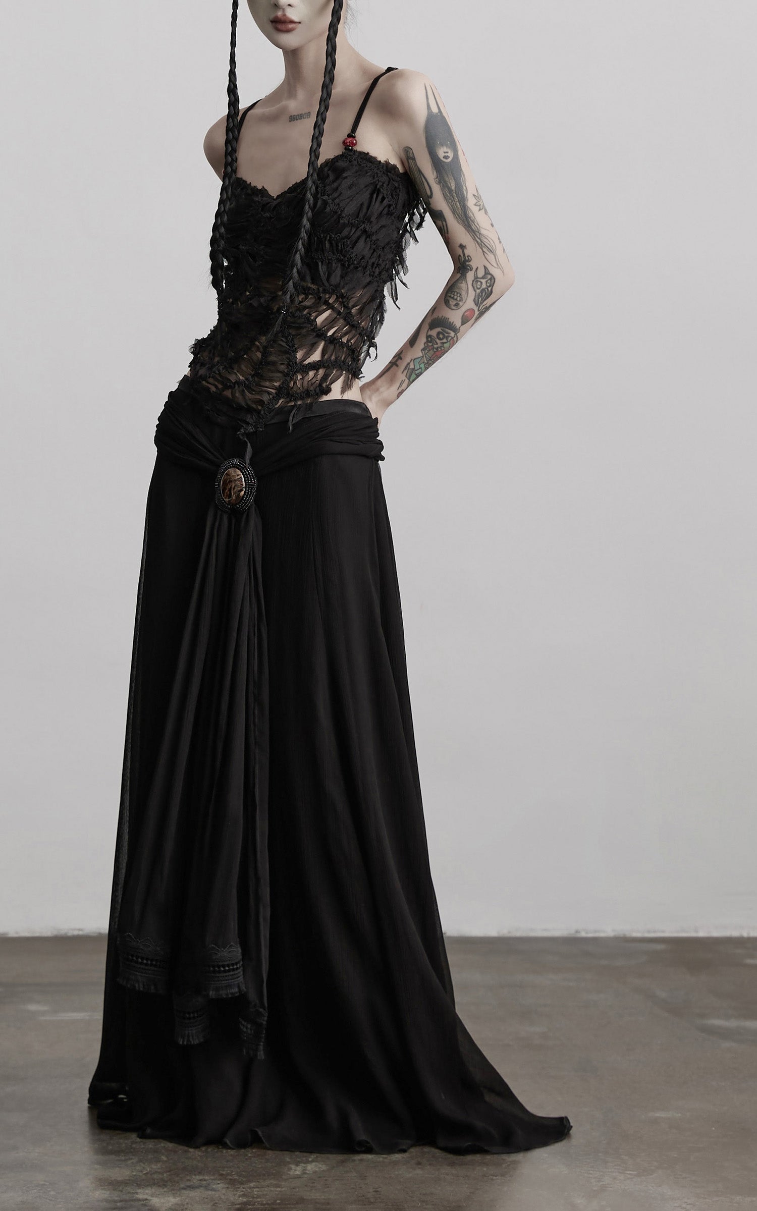 DOINDULGE Draped Maxi Skirt with Medallion