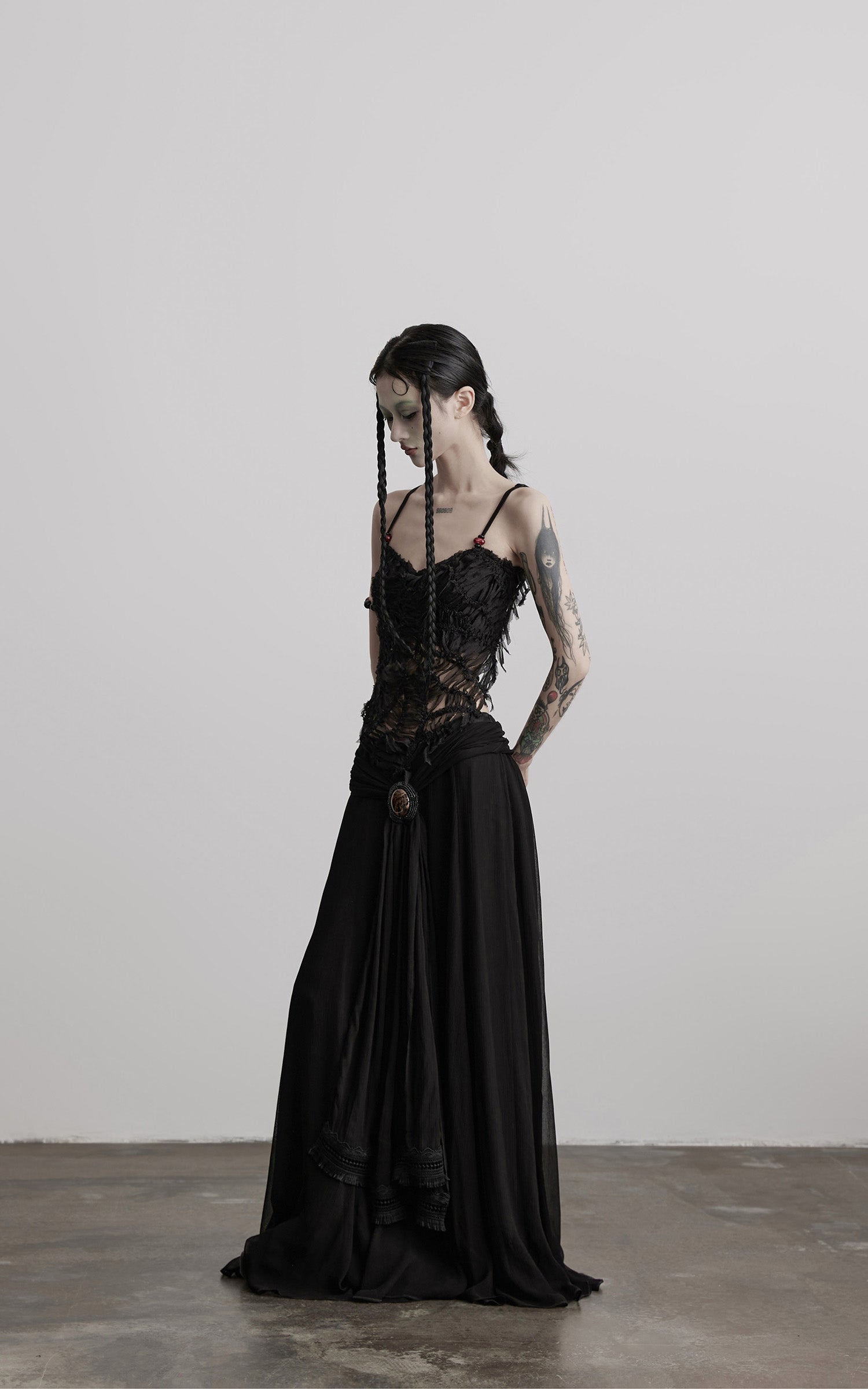 DOINDULGE Draped Maxi Skirt with Medallion