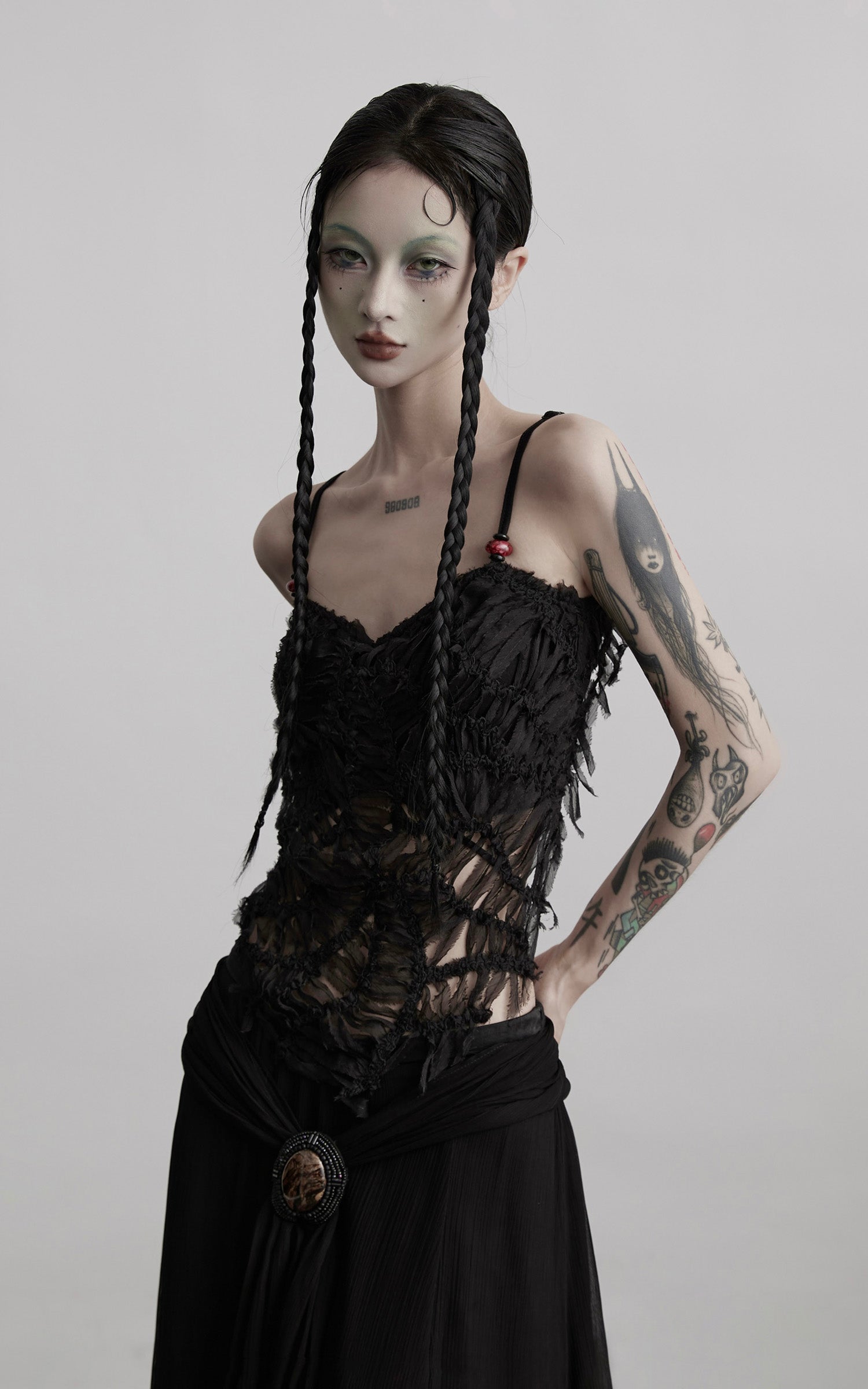 DOINDULGE Deconstructed Mesh Top with Beads and Raw Edge Detailing