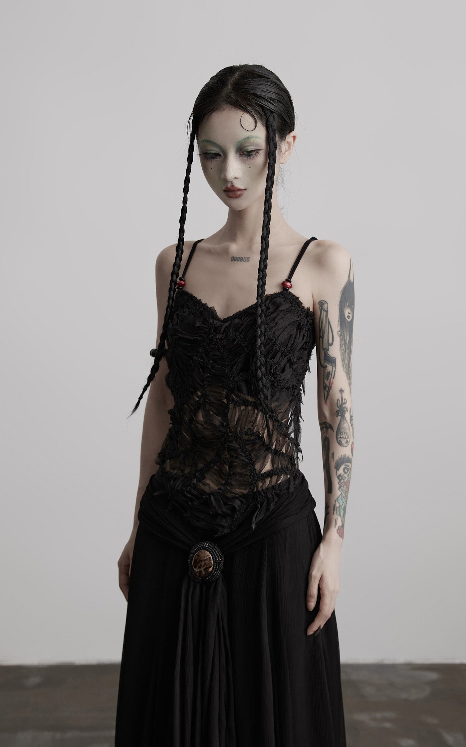 DOINDULGE Deconstructed Mesh Top with Beads and Raw Edge Detailing