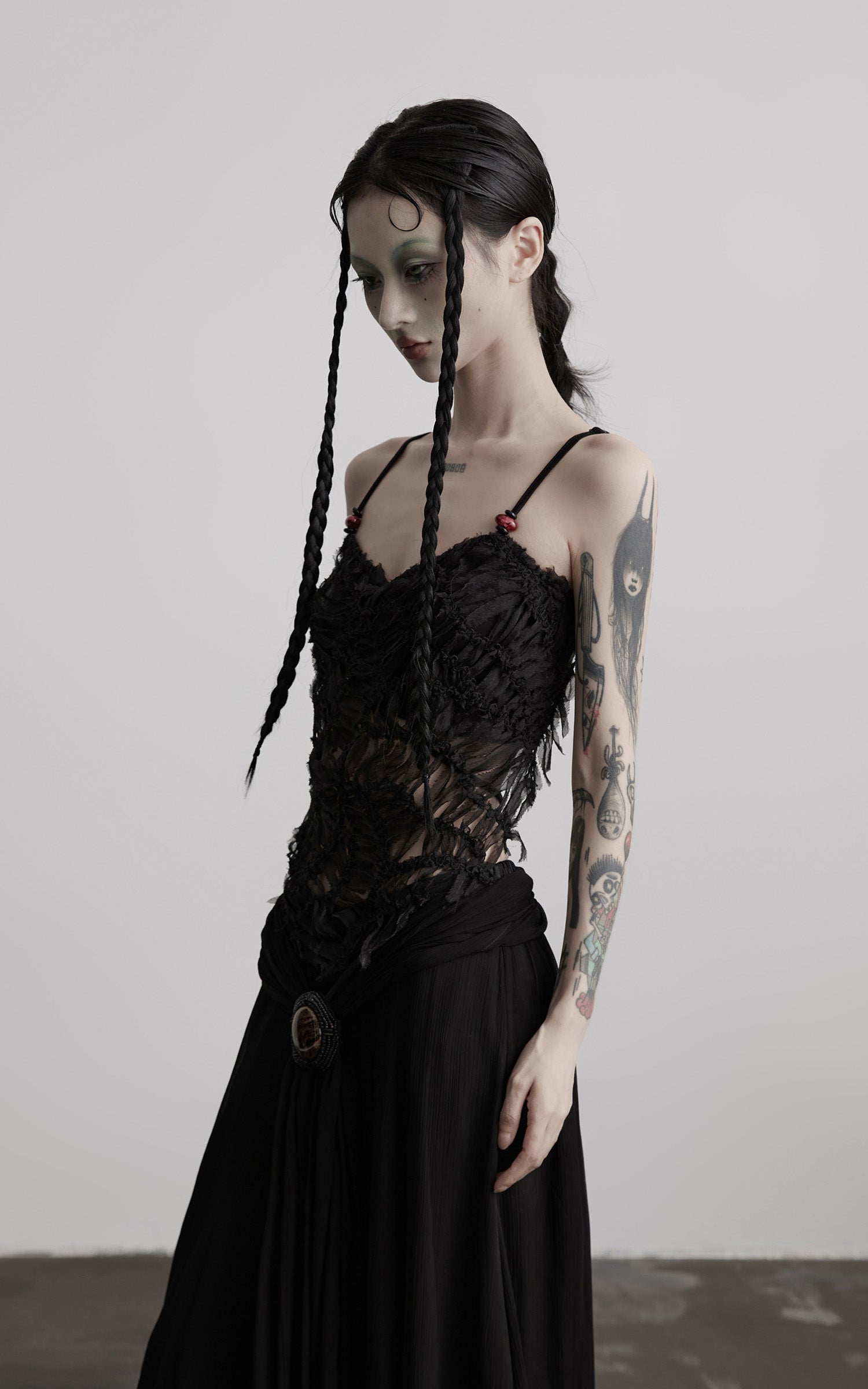 DOINDULGE Deconstructed Mesh Top with Beads and Raw Edge Detailing