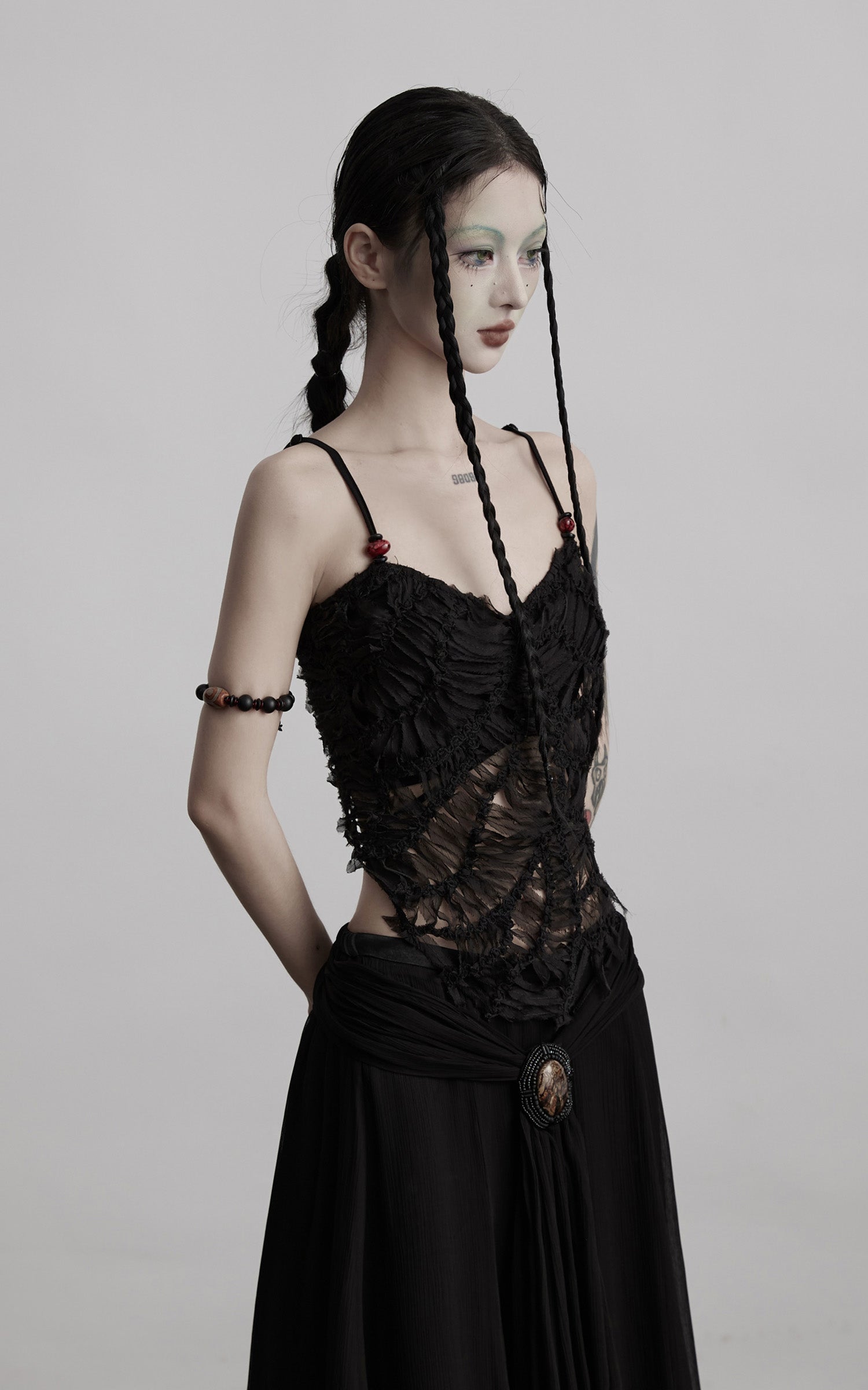 DOINDULGE Deconstructed Mesh Top with Beads and Raw Edge Detailing