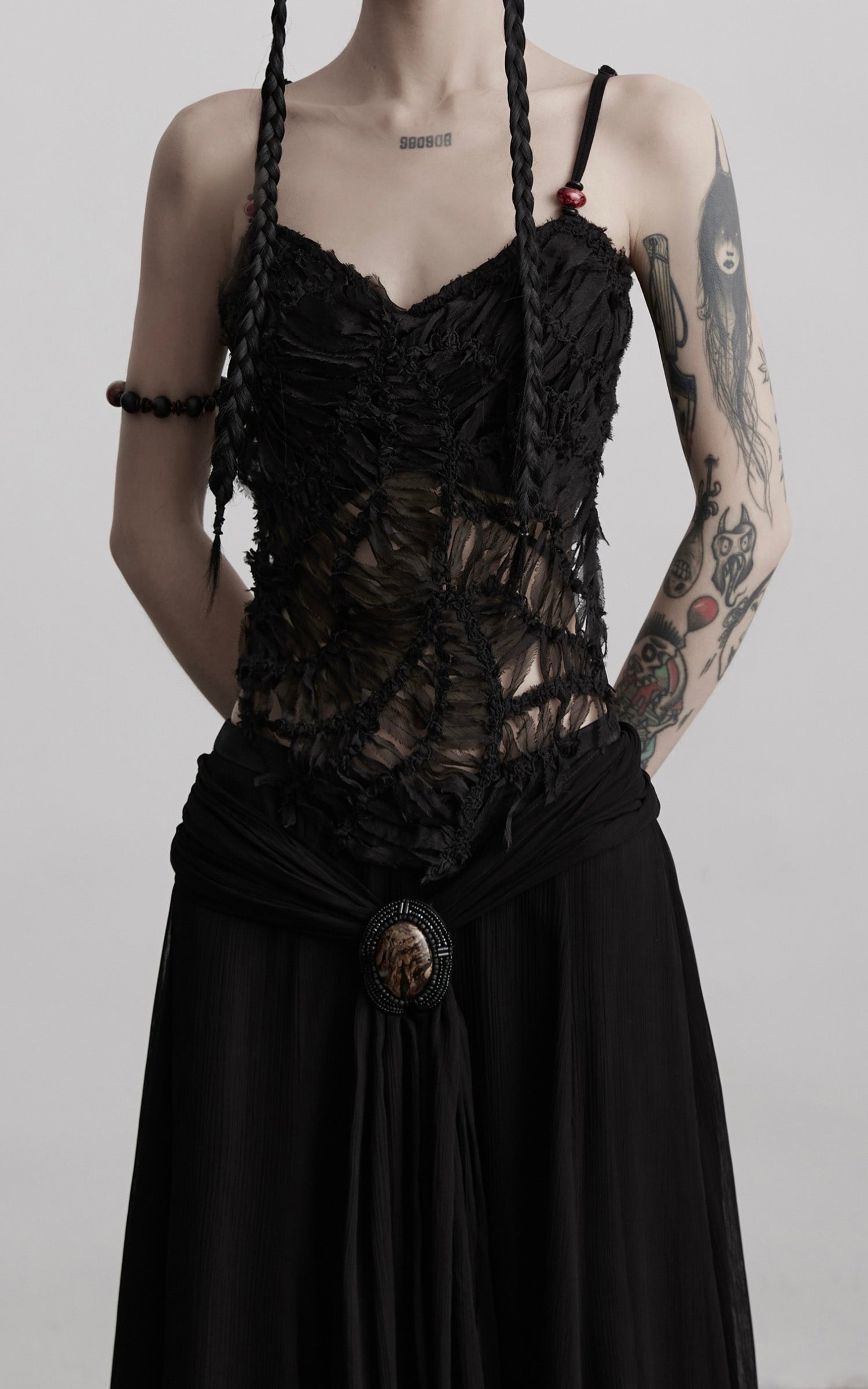 DOINDULGE Deconstructed Mesh Top with Beads and Raw Edge Detailing