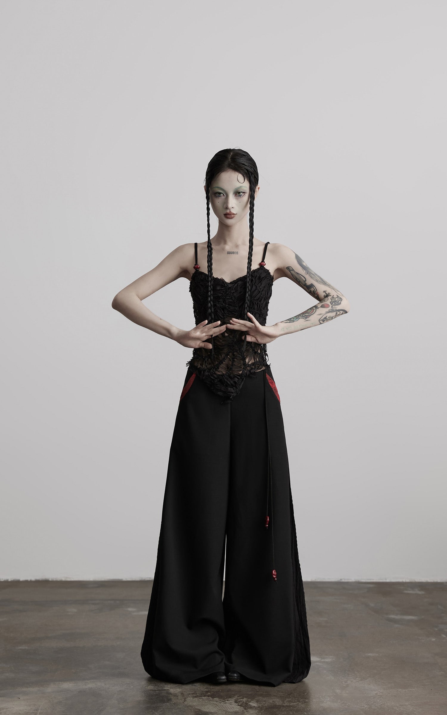 DOINDULGE Deconstructed Mesh Top with Beads and Raw Edge Detailing