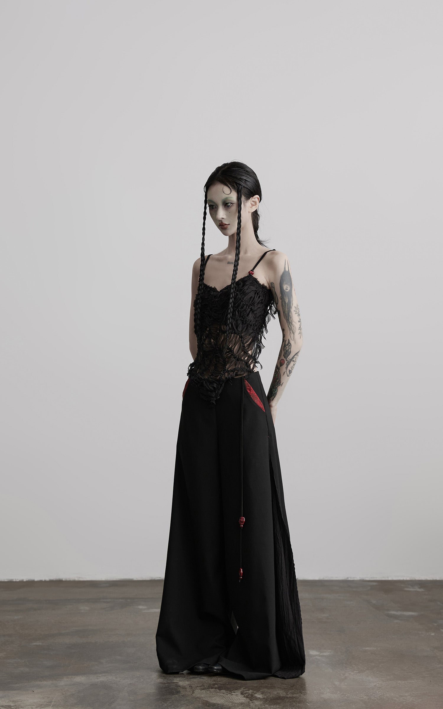 DOINDULGE Deconstructed Mesh Top with Beads and Raw Edge Detailing