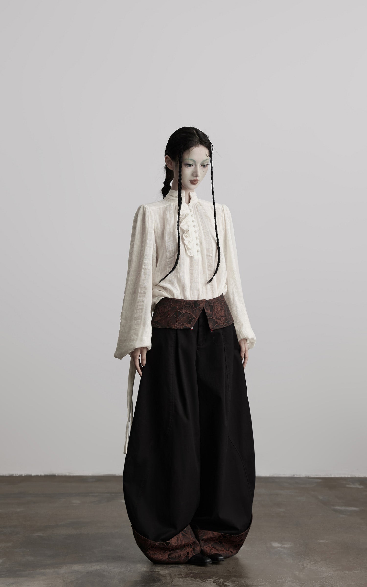 DOINDULGE Textured Button Shirt with Ruffled Front and Long Sashes