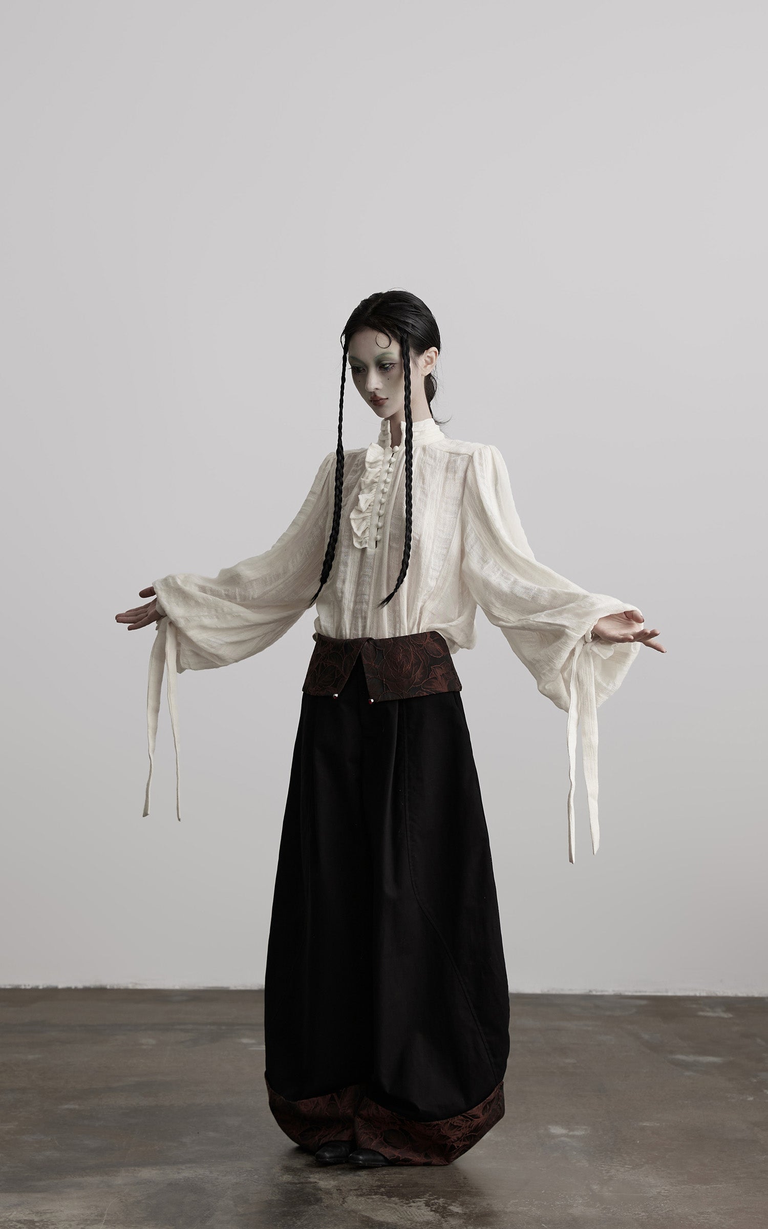 DOINDULGE Textured Button Shirt with Ruffled Front and Long Sashes