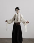 DOINDULGE Textured Button Shirt with Ruffled Front and Long Sashes