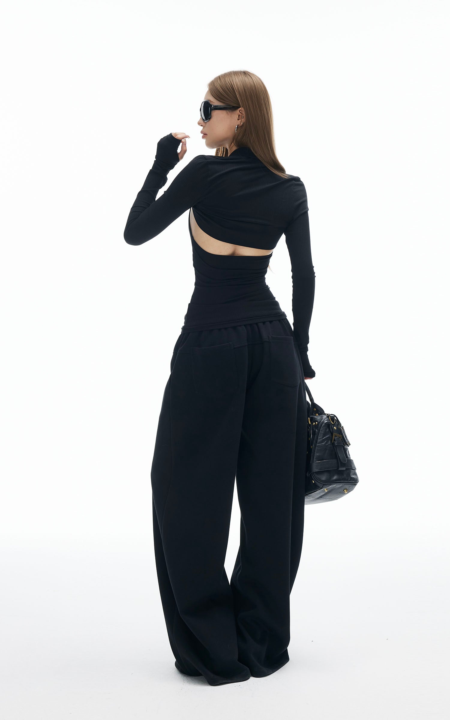 IAMXIAA Cut Out Halter Long Sleeve Shrug Top Ribbed Knit Slim Fit