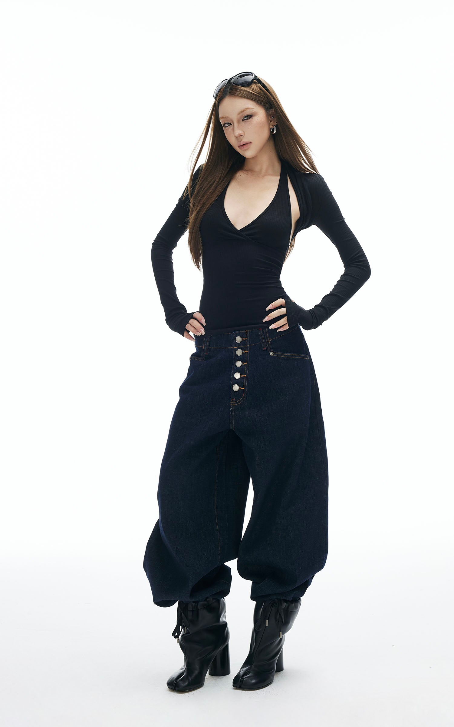 IAMXIAA Cut Out Halter Long Sleeve Shrug Top Ribbed Knit Slim Fit