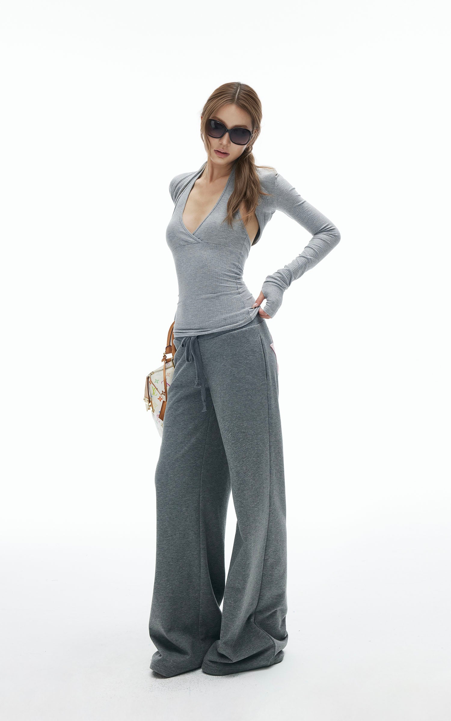 IAMXIAA Star Patch Wide Leg Sweatpants Drawstring Waist Lounge Pants