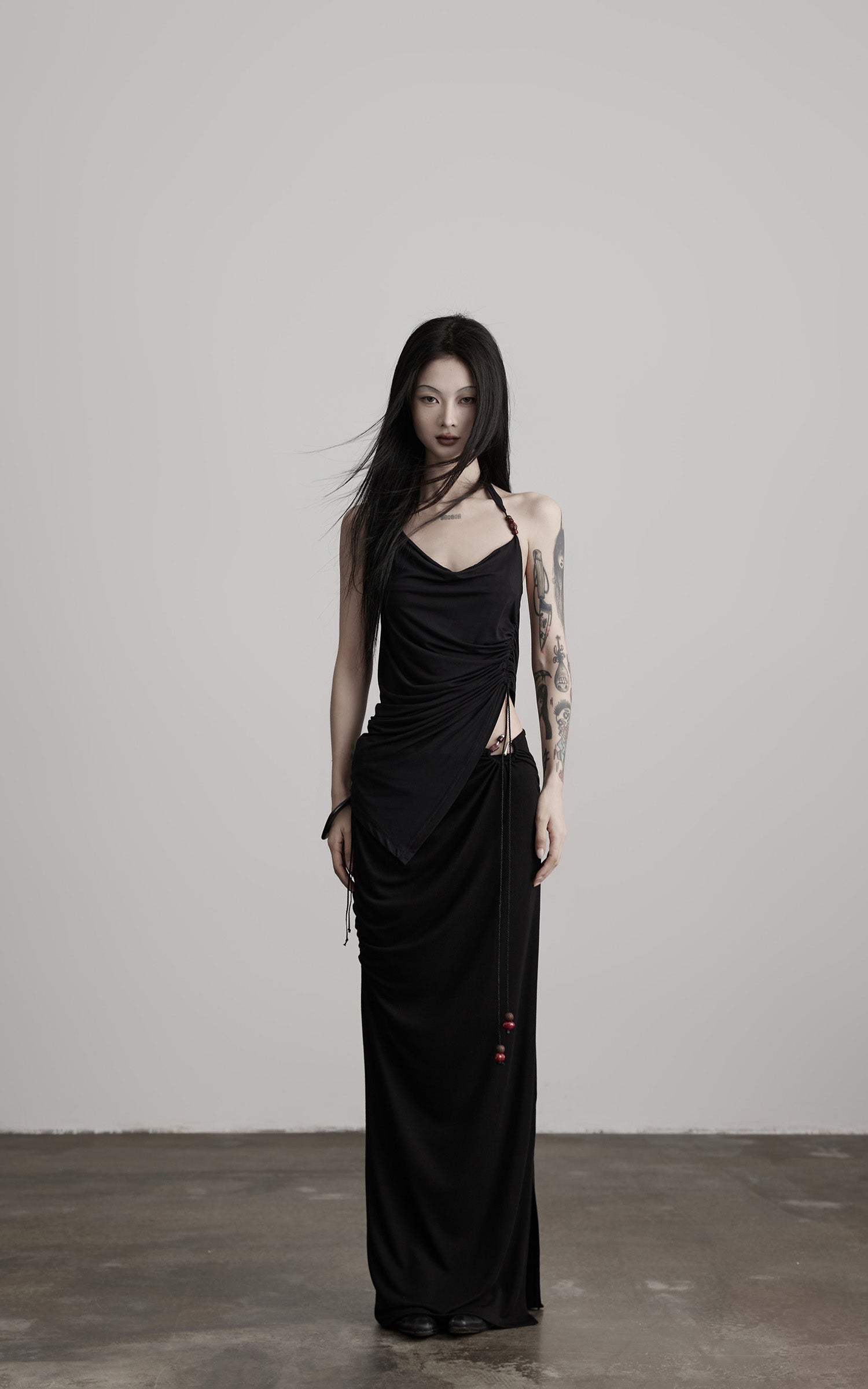 DOINDULGE Beaded Drawstring Draped Maxi Skirt