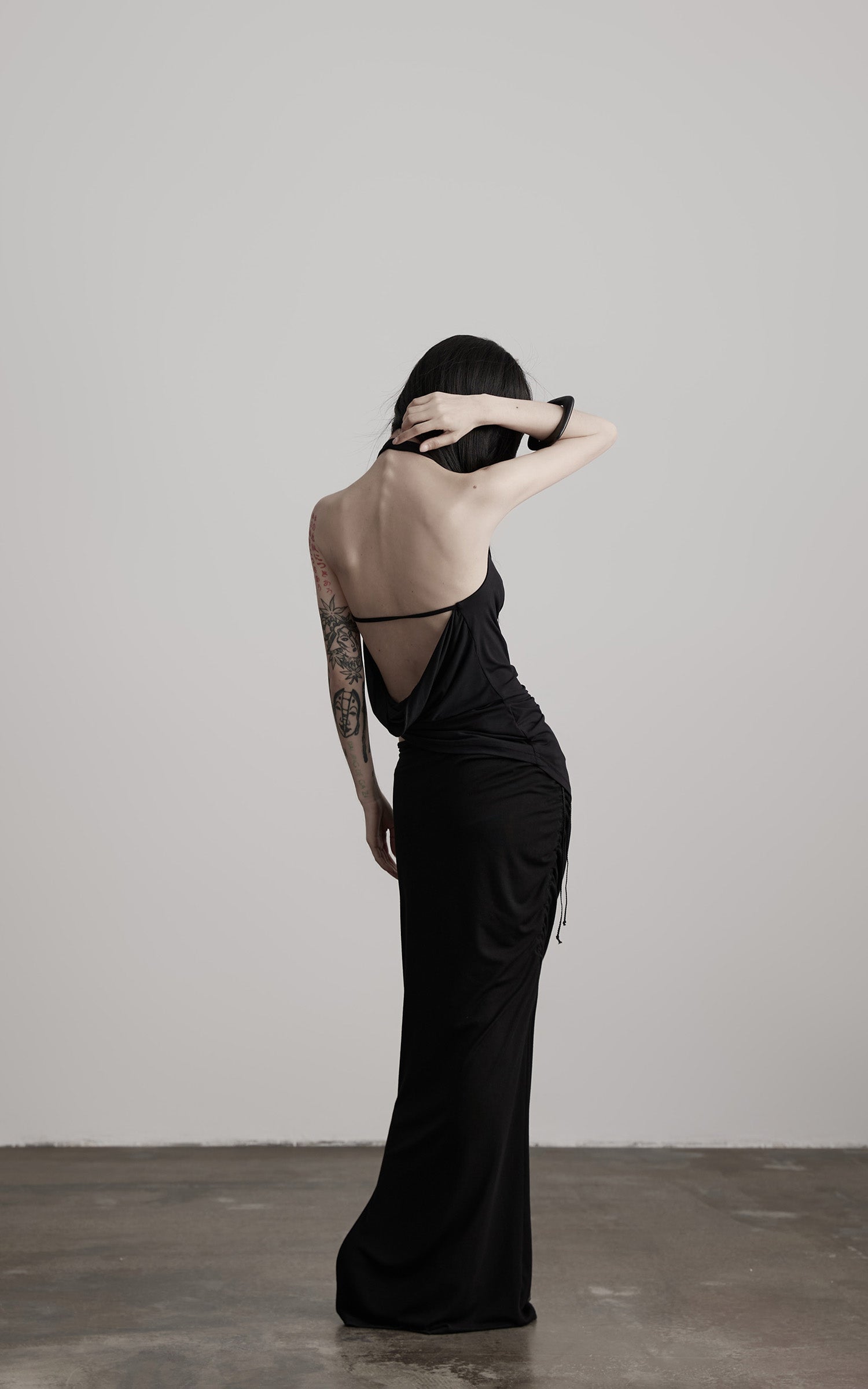 DOINDULGE Draped Halter Tank with Bead Detail and Asymmetric Ruched Cut-Out