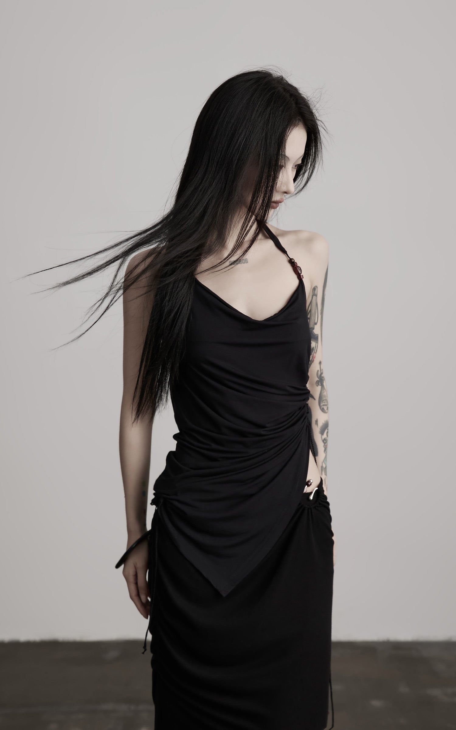 DOINDULGE Draped Halter Tank with Bead Detail and Asymmetric Ruched Cut-Out