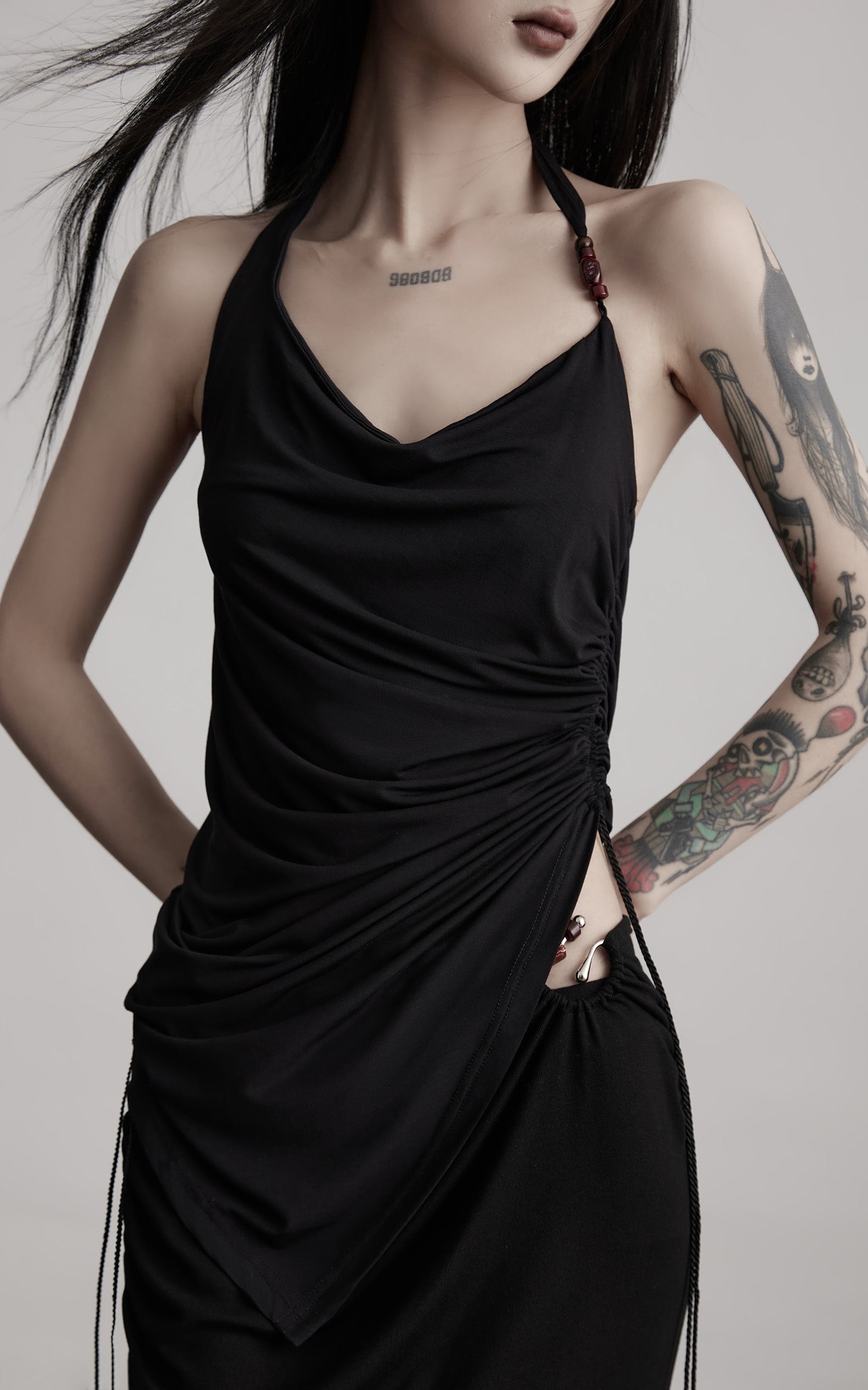 DOINDULGE Draped Halter Tank with Bead Detail and Asymmetric Ruched Cut-Out