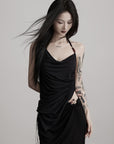 DOINDULGE Draped Halter Tank with Bead Detail and Asymmetric Ruched Cut-Out