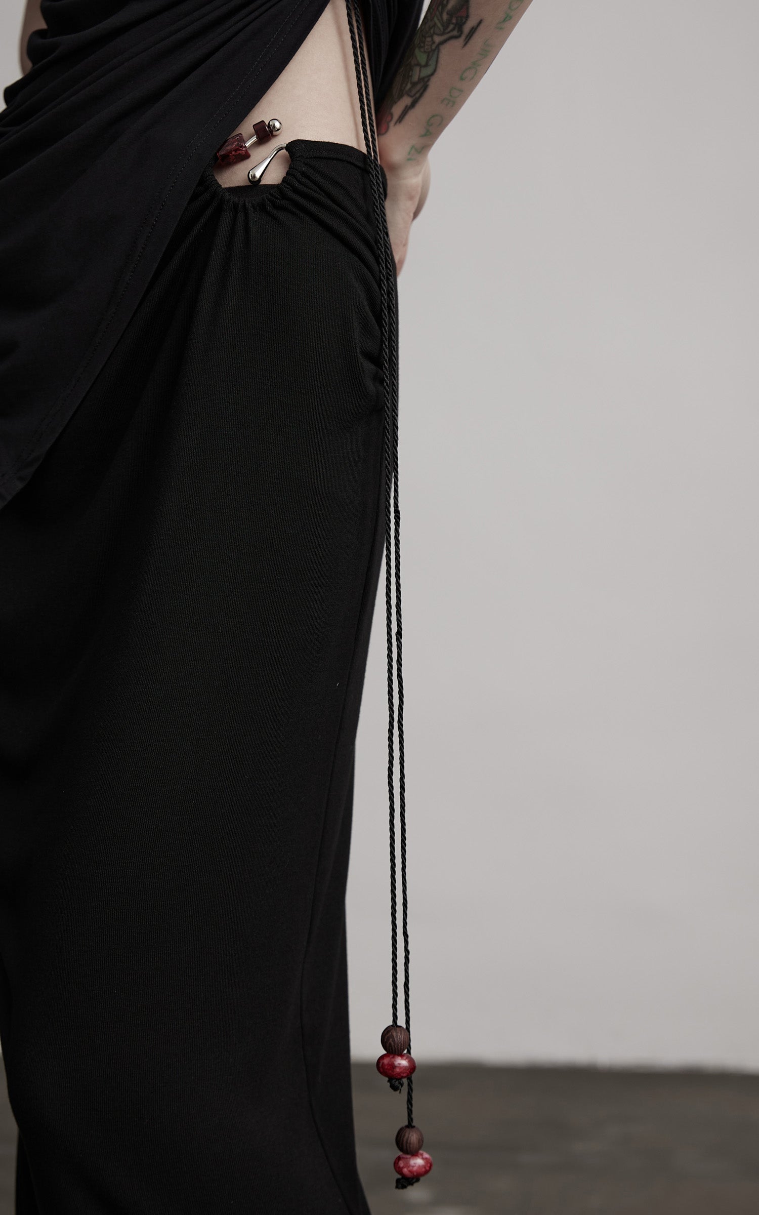 DOINDULGE Beaded Drawstring Draped Maxi Skirt