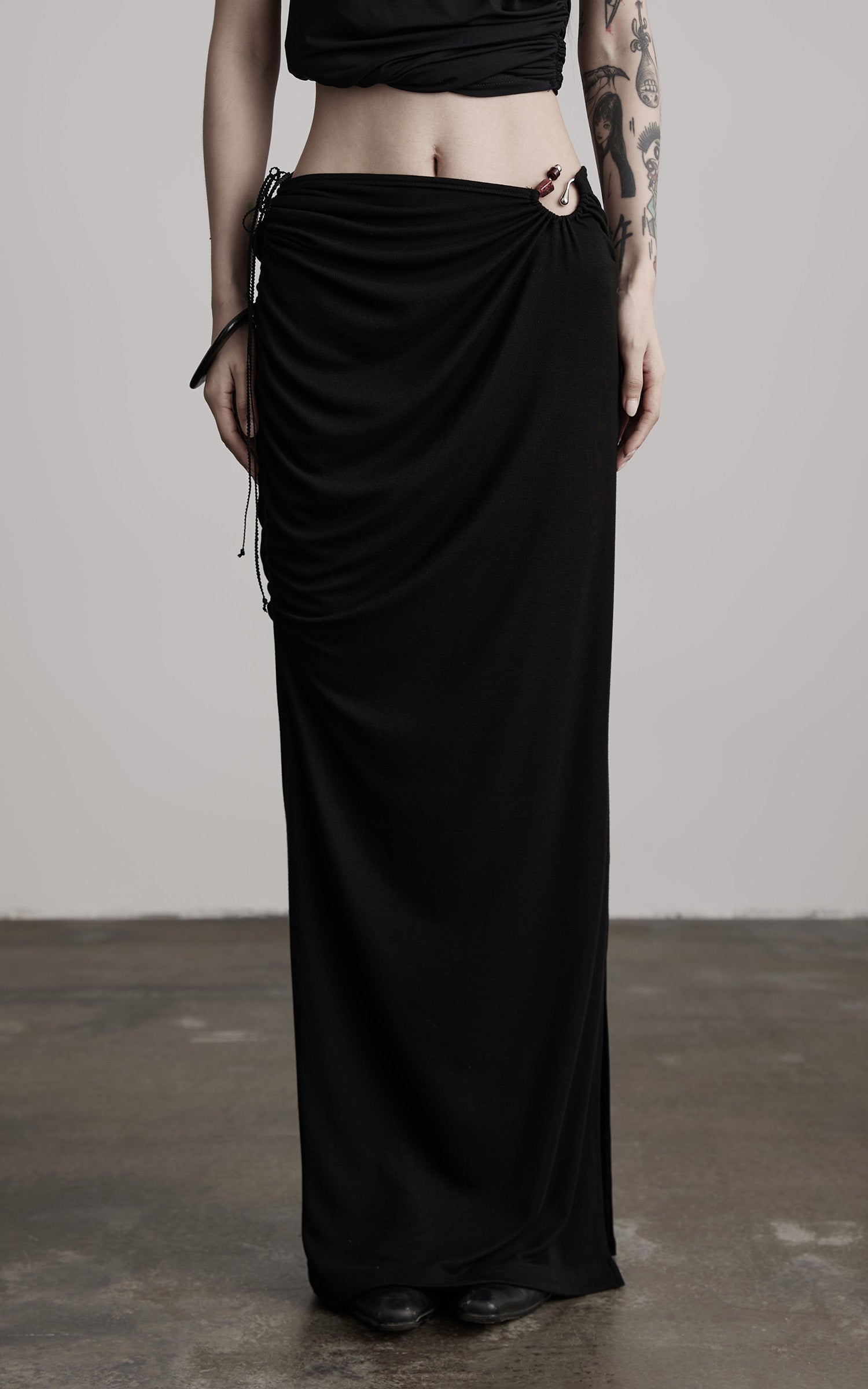 DOINDULGE Beaded Drawstring Draped Maxi Skirt
