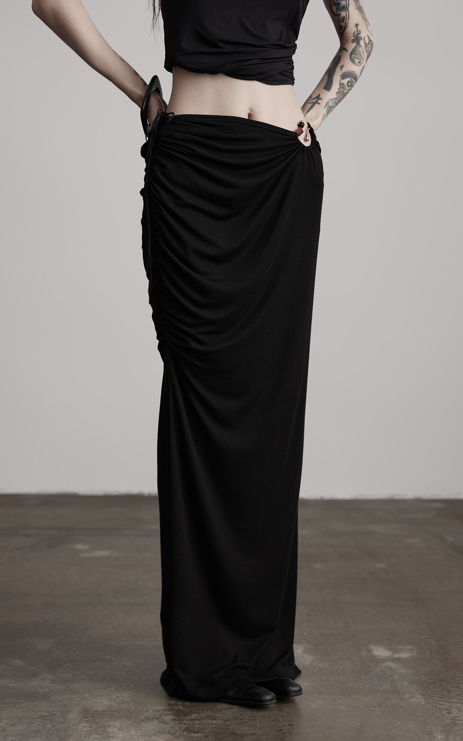 DOINDULGE Beaded Drawstring Draped Maxi Skirt