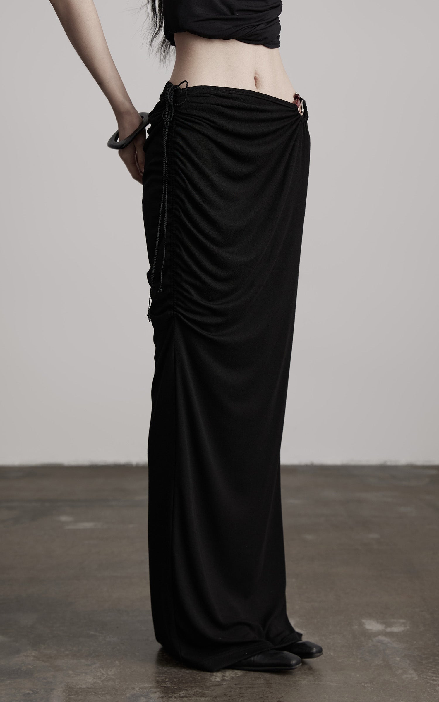 DOINDULGE Beaded Drawstring Draped Maxi Skirt