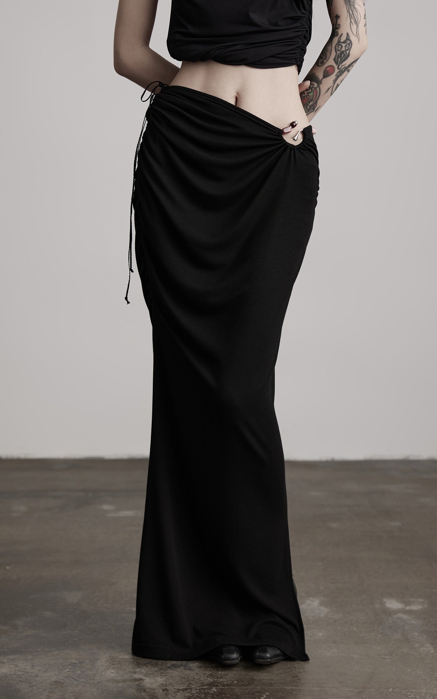DOINDULGE Beaded Drawstring Draped Maxi Skirt