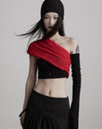 DOINDULGE Asymmetric Drape Top — Sculptural Red Pleats with Black Knit Base
