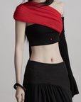 DOINDULGE Asymmetric Drape Top — Sculptural Red Pleats with Black Knit Base