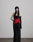 DOINDULGE Asymmetric Drape Top — Sculptural Red Pleats with Black Knit Base