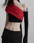 DOINDULGE Asymmetric Drape Top — Sculptural Red Pleats with Black Knit Base