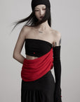 DOINDULGE Asymmetric Drape Top — Sculptural Red Pleats with Black Knit Base