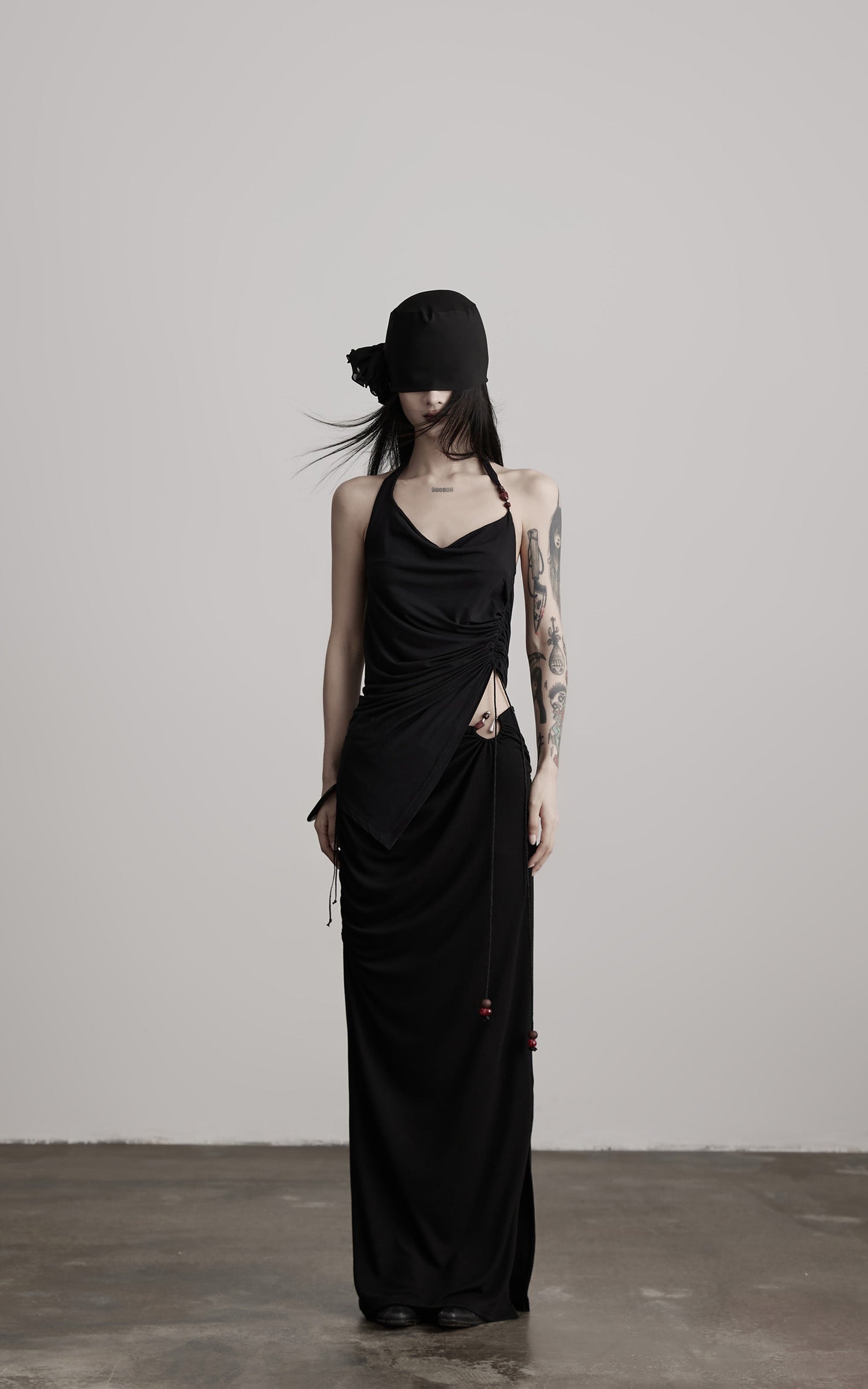DOINDULGE Draped Halter Tank with Bead Detail and Asymmetric Ruched Cut-Out