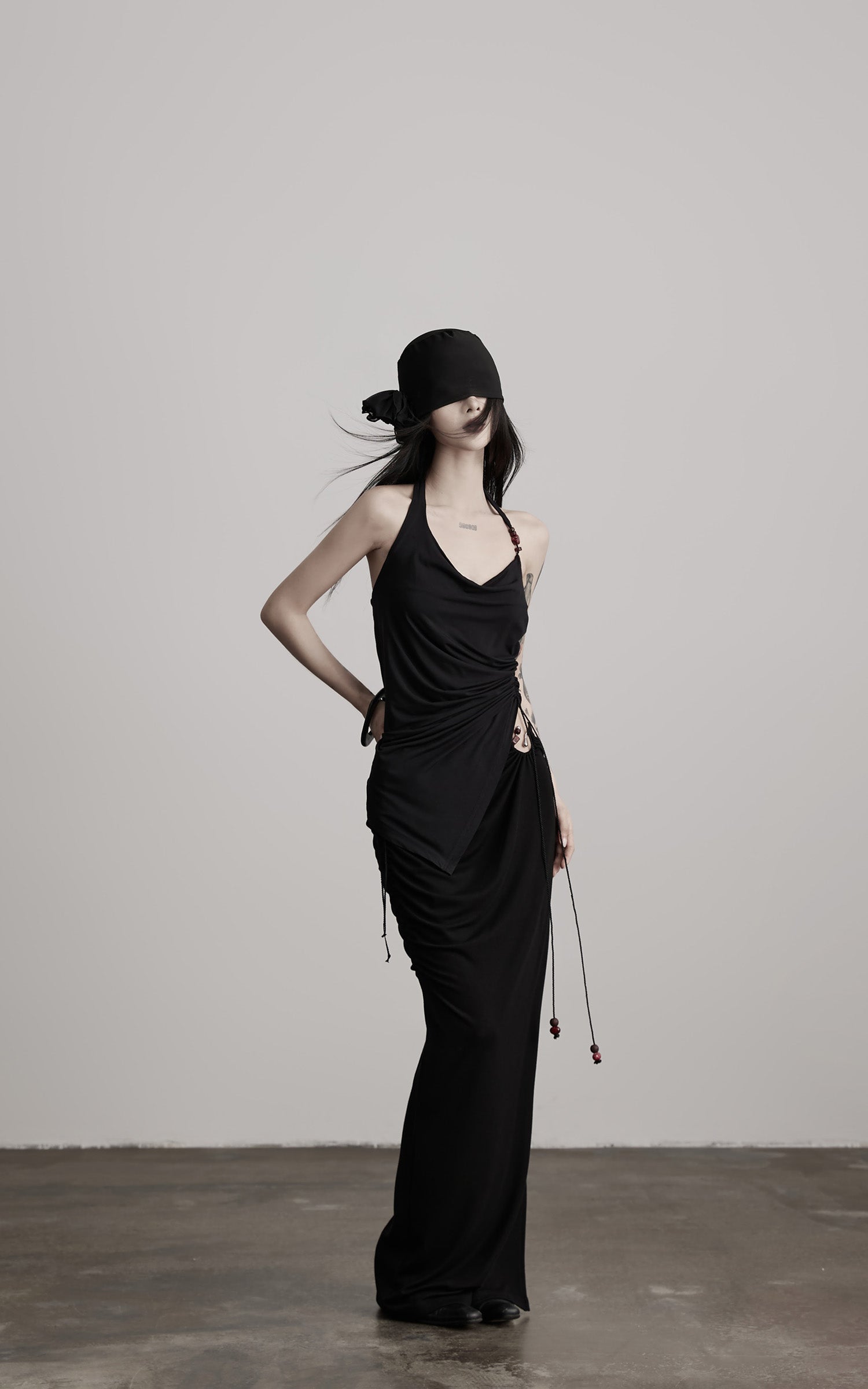 DOINDULGE Draped Halter Tank with Bead Detail and Asymmetric Ruched Cut-Out