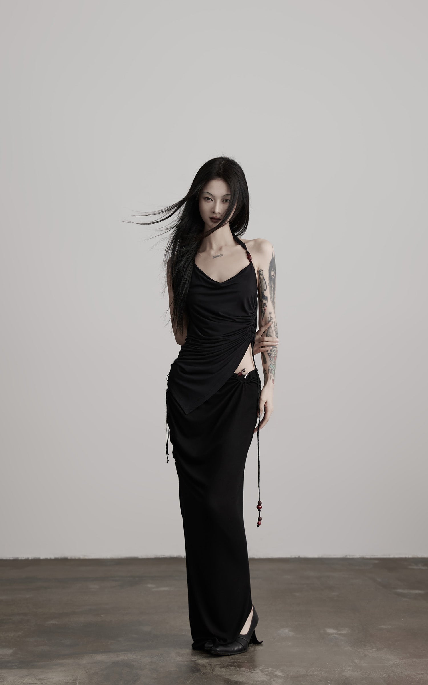 DOINDULGE Beaded Drawstring Draped Maxi Skirt