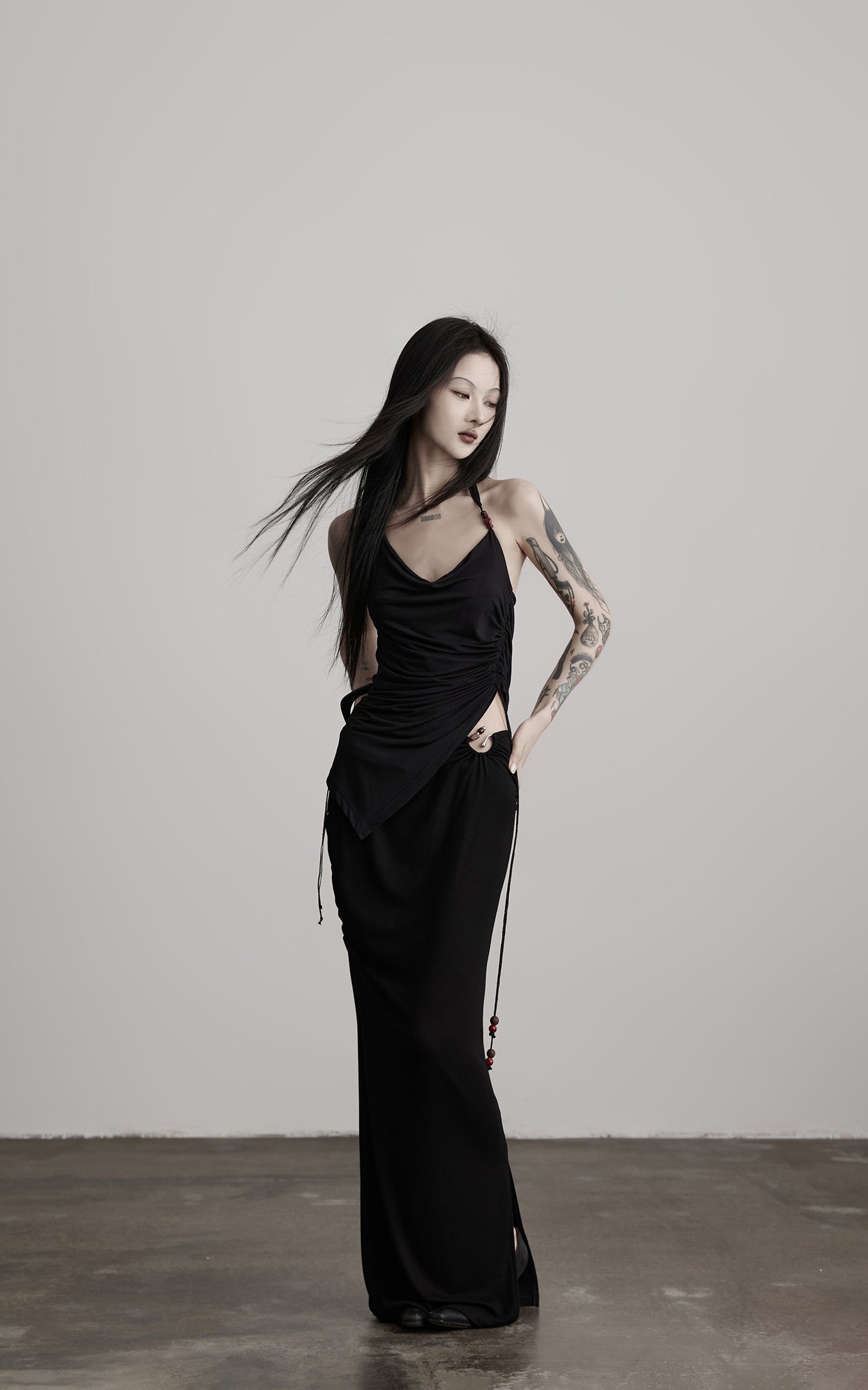 DOINDULGE Draped Halter Tank with Bead Detail and Asymmetric Ruched Cut-Out